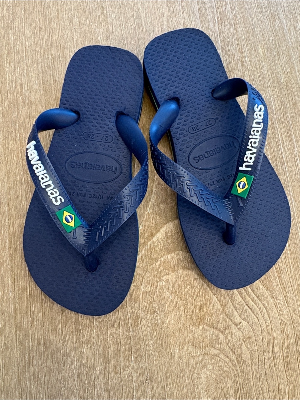 Havaianas Navy Blue Flip Flops with Brazilian Flag Accent, 11/12c